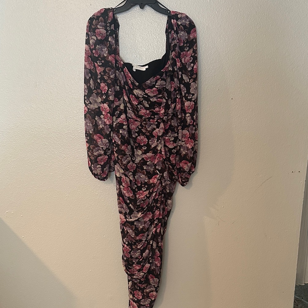 ASTR Floral Black and Pink Long Sleeve Draped Women’s Dress